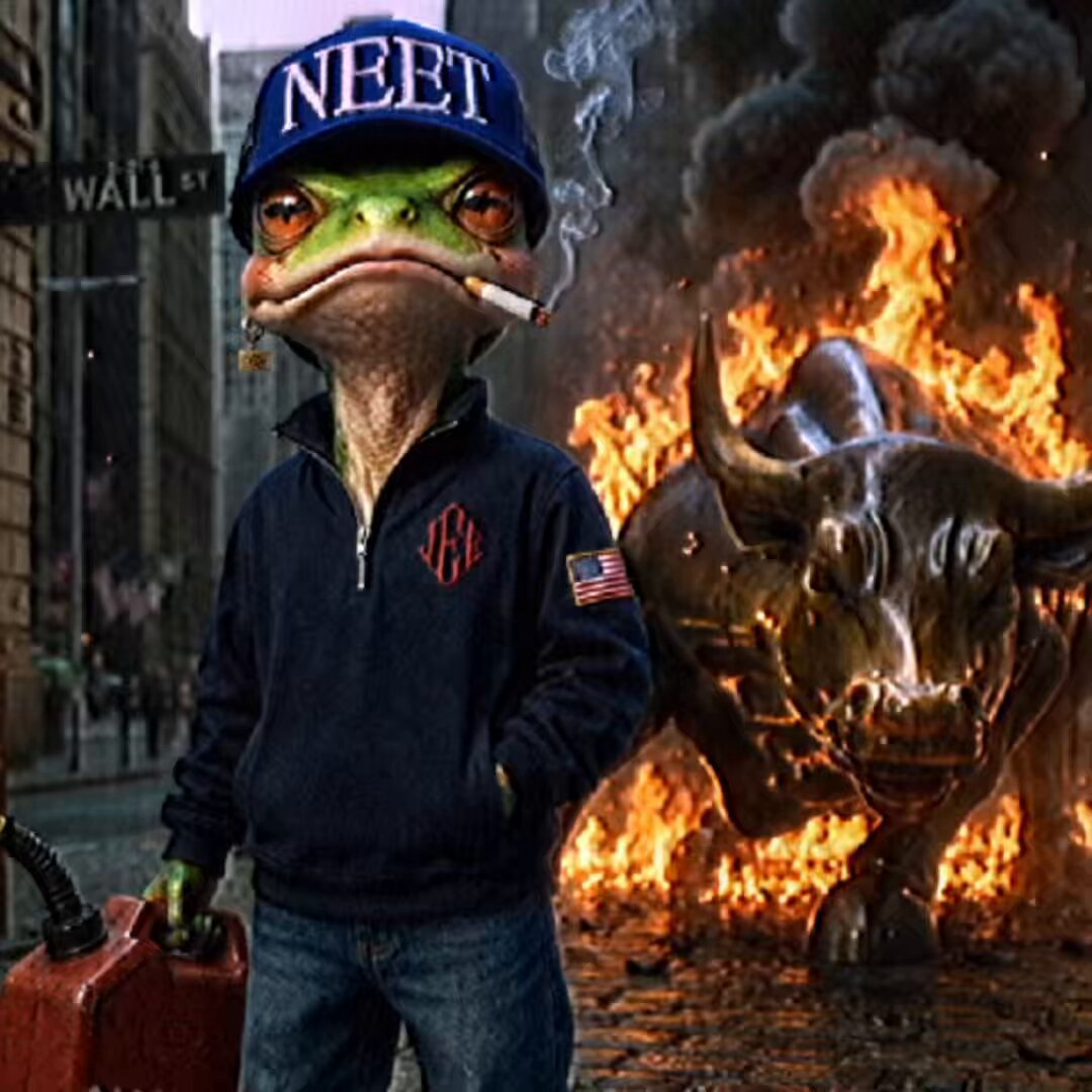 The image features a frog wearing a baseball cap, holding a gas canister, with a bull statue behind him. The caption reads "Own a coin and never work again $neet", which seems to be related to the cartoon frog character from the movie "The Frog Prince". This suggests that the image might be promoting an anti-work or anti-coinsurfing stance, possibly as part of a marketing campaign for a product or service.
