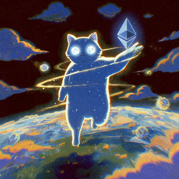 A space-themed digital illustration of a glowing blue cat with stars in its eyes reaching up to touch an Ethereum crystal, floating above a planet in cosmic clouds.