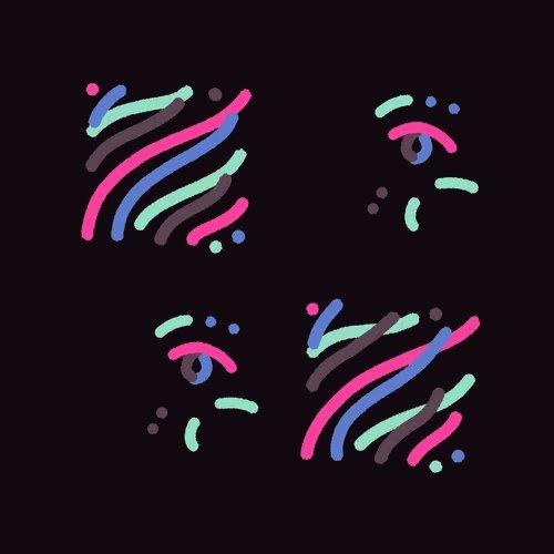 An abstract digital artwork on a black background featuring four stylized representations of faces or fingerprints rendered in curved, colorful neon-like strokes of pink, blue, green, and purple.