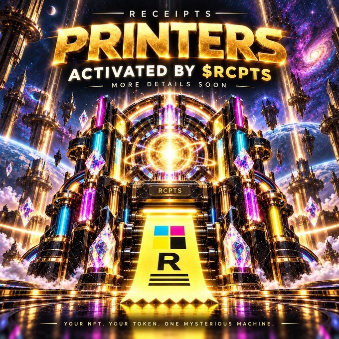 A vibrant promotional graphic for 'PRINTERS ACTIVATED BY $RCPTS' featuring futuristic gold machinery and the tagline 'YOUR NFT. YOUR TOKEN. ONE MYSTERIOUS MACHINE.'