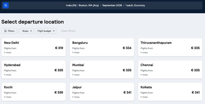 A flight booking interface showing one-way economy fares from India to Boston for September 2026, with the cheapest options being New Delhi (€319), Bengaluru (€334), and Thiruvananthapuram (€335), supporting the post's premise of a cheap international flight to leave the US.