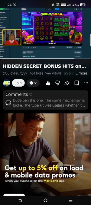 A mobile screenshot of a YouTube video titled 'HIDDEN SECRET BONUS HITS on...' by @JuicyFruityy, showing a gambling-themed thumbnail with the 'GAMJASMALL' logo and a comment section criticizing the game mechanics.