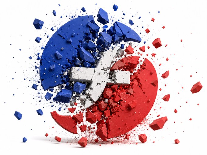 A 3D rendering of a shattered circular logo split into blue, red, and white sections with fragments breaking apart against a white background.