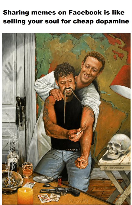 A satirical image captioned 'Sharing memes on Facebook is like selling your soul for cheap dopamine' depicting a depiction of Mark Zuckerberg in a Faustian-style painting scene.
