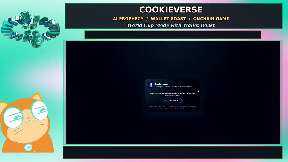 The image features a computer screen displaying a cookie page with an orange cat sitting next to it. The text on the page reads "Cookieverse", which suggests that this is a webpage or application related to Cookieverse, possibly a game or a social media platform. The cat in the image appears to be wearing glasses and has a funny expression, adding humor to the scene. The background of the image is green with pink and blue elements, creating an interesting visual contrast against the black screen.