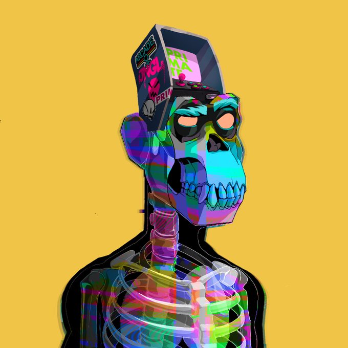 A vibrant, glitch-art style digital illustration depicts a skeletal figure with an arcade machine for a head, featuring "ARCADE," "GLITCH/XRAYS," and "PRIZE" text, rendered in neon colors against a yellow background—visually echoing the impending "FIVE MINUTES TO LAB DROP" of 33 glitch/xrays NFTs.