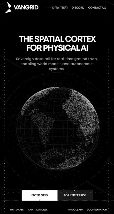 A sleek black landing page for VANGRID displays the headline "THE SPATIAL CORTEX FOR PHYSICAL AI" with a stylized digital globe graphic, featuring navigation links for X (Twitter), Discord, and Contact Us at the top. The post relates to the site's bounty board feature, where pay is exchanged for the file, suggesting users can earn USDC on Base by contributing to the spatial data network shown.