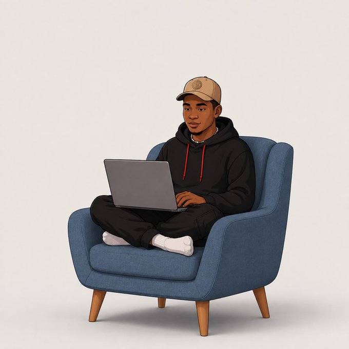 An illustrated young man wearing a beige baseball cap, black hoodie with red drawstrings, and black pants sits cross-legged in a blue armchair while working on a gray laptop against a plain white background.