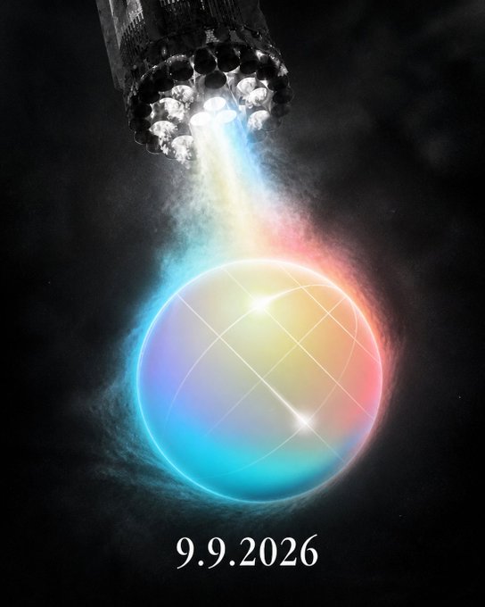 A SpaceX rocket launches toward a colorful, glowing sphere with grid lines, evoking a celestial or quantum-like target, with the date "9.9.2026" displayed below. The image's futuristic, prophecy-like aesthetic aligns with the post's tease of a major upcoming announcement—likely hinting at the rumored Solana prediction market project, with the date marking a potential launch or reveal milestone.