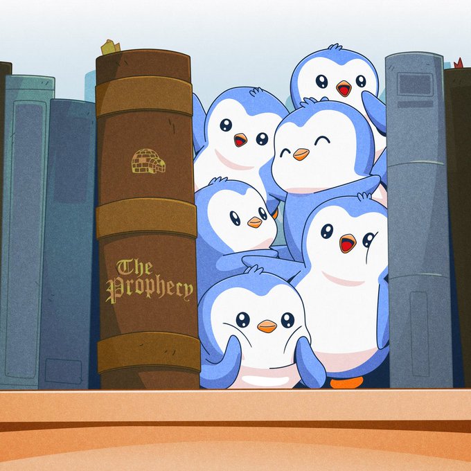 An animated illustration of cute blue and white penguins gathered around a brown book titled 'The Prophecy' on a shelf between other books.