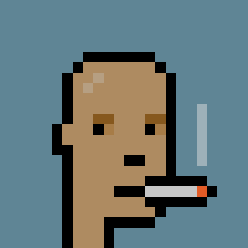 Pixel art illustration of a bald man's face with a cigarette in his mouth against a teal background.