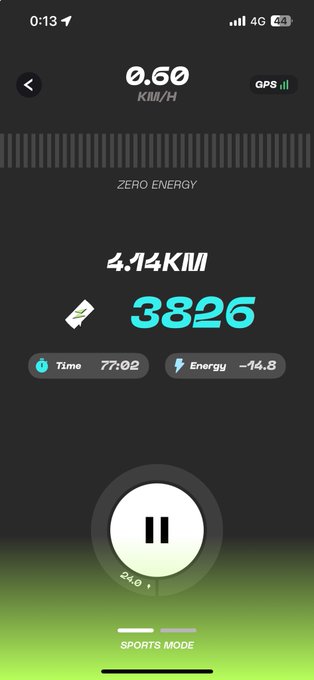 A smartphone screenshot of a fitness app shows current running stats with a speed of 0.60 KM/H, distance of 4.14KM, 3826 steps, time of 77:02, and energy of -14.8 in sports mode.