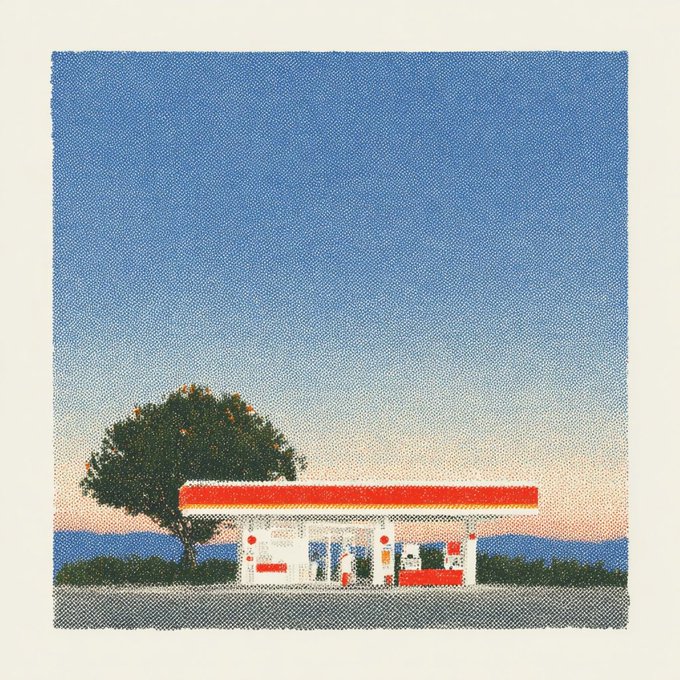 A pixelated, nostalgic-style illustration depicts a classic red-and-white gas station beside a leafy tree, set against a serene gradient sky transitioning from blue to warm pink at sunset, capturing a quiet everyday "moment." This tranquil scene aligns with the post's theme of "Moments," emphasizing ordinary, fleeting beauty now offered as an NFT on Transient Labs for 0.025 ETH.