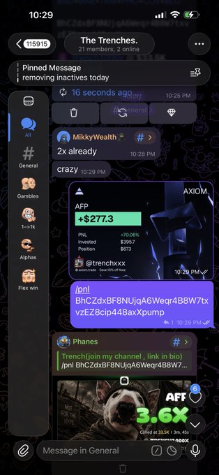 A Telegram group chat screenshot from "The Trenches" (21 members) shows multiple messages advertising the "$BTO" ticker with details "Pnl +70.08%, Invested $3957, Position $673" alongside the same /pnl link "BhCZdxBF8NUjqA6Weqr4B8W7txvzEZ8cip448axXpump" highlighted in green-highlighted posts, reinforcing the post's claim about the account "always eating" (profiting) on trades.