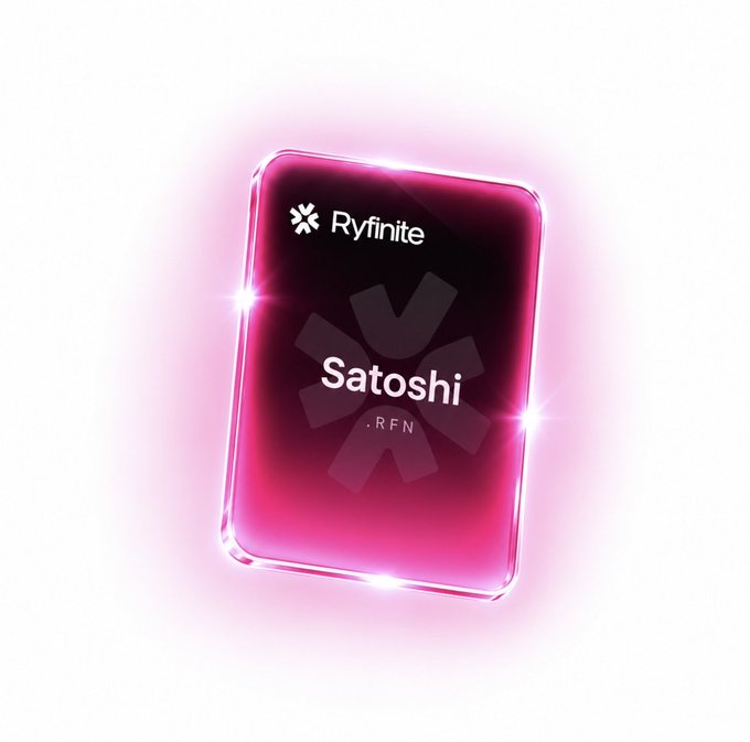 The image shows a glowing pink digital card with "Ryfinite" at the top and "Satoshi .RFN" in the center, likely representing a user example for an .RFN username in the Ryfinite ecosystem. The card visualizes the unique on-chain identity being discussed in the post, which recommends using DeFi wallets like SafePal or MetaMask to keep mint fees under $1.90 during Early Claim on Ethereum Mainnet.