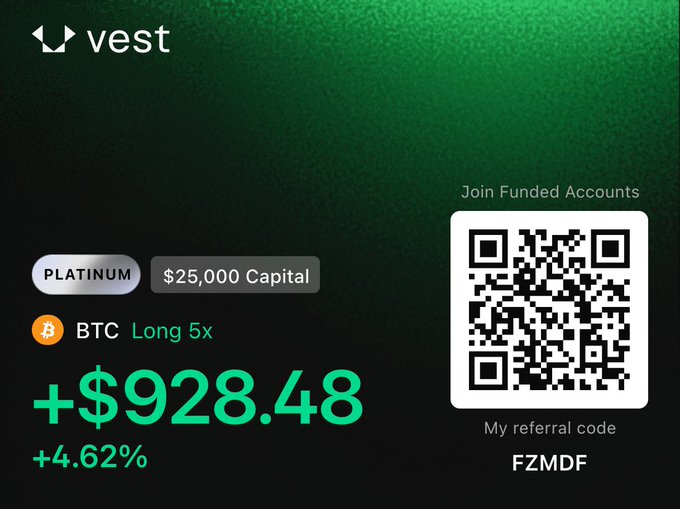 A promotional graphic for the 'vest' trading platform showing a PLATINUM account with $25,000 Capital featuring a BTC Long 5x position with a gain of +$928.48 (+4.62%), alongside a QR code to join Funded Accounts using referral code 'FZMDF'.