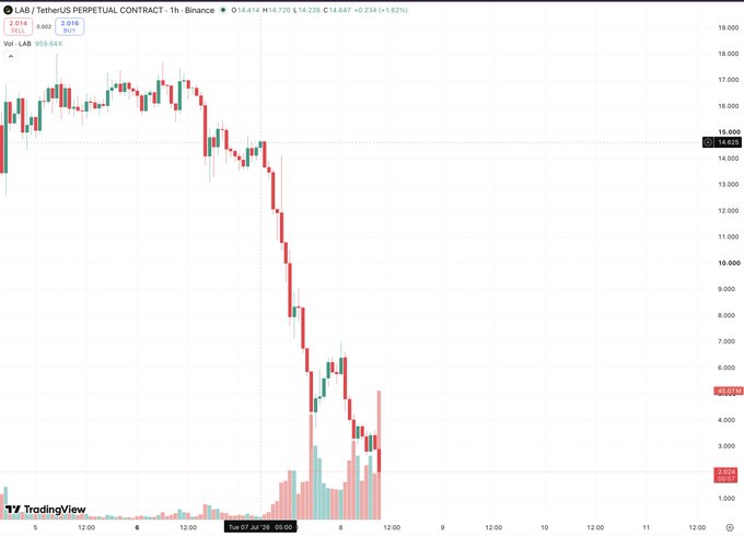A TradingView candlestick chart for 'LAB / TetherUS PERPETUAL CONTRACT' on Binance shows a dramatic price crash, with price falling from around $17,000 to roughly $2,624, with high volume spikes during the decline.