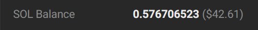 A screenshot displays a SOL Balance of 0.576706523 ($42.61), likely used to showcase crypto earnings or holdings as visual proof in a promotional post advertising free USDT payouts for joining a Telegram group.