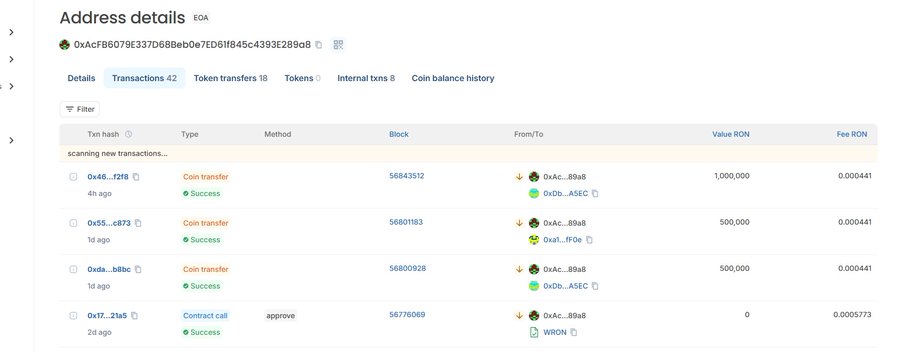 The image features a large amount of text displayed on a computer screen. It shows the process of Bitget buying a Bitcoin (BTC) token named "Ronin" for one million RON, which has been transferred to another account named "@Moku_HQ". The message at the bottom of the post congratulates Bitget and Bitget, while emphasizing that they are the biggest dippers on the Ronin network. This text highlights the impressive transaction between the two accounts, with @Moku_HQ being responsible for buying the Bitcoin token, and Bitget receiving it as payment in return.
