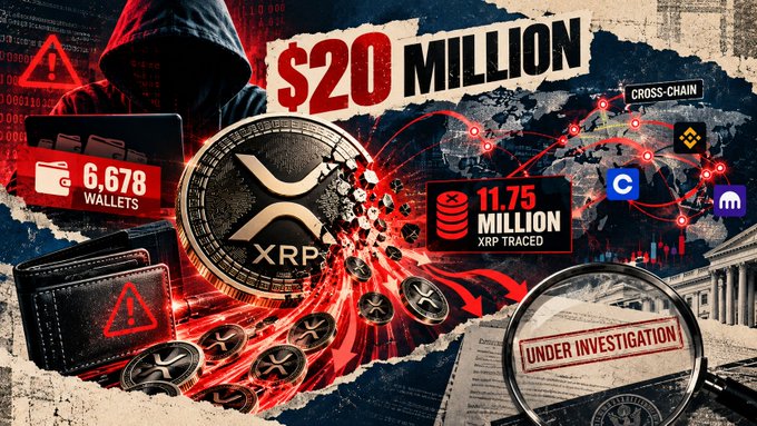 A graphic about cryptocurrency shows '$20 MILLION' and the XRP coin in the center, surrounded by stats '6,678 WALLETS' and '11.75 MILLION XRP TRACED', with a hooded figure, world map, and 'UNDER INVESTIGATION' stamp.