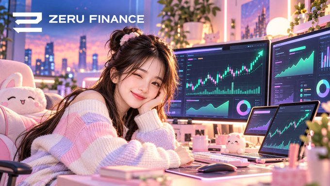 A stylized digital illustration features a smiling woman with long brown hair wearing a striped sweater, sitting at a desk with multiple monitors displaying financial charts, with the 'ZERU FINANCE' logo prominently shown in the upper left corner.