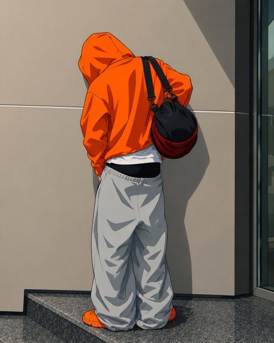 Illustrated streetwear figure in an orange hoodie and baggy gray pants, carrying a black and red shoulder bag, standing against a beige wall.