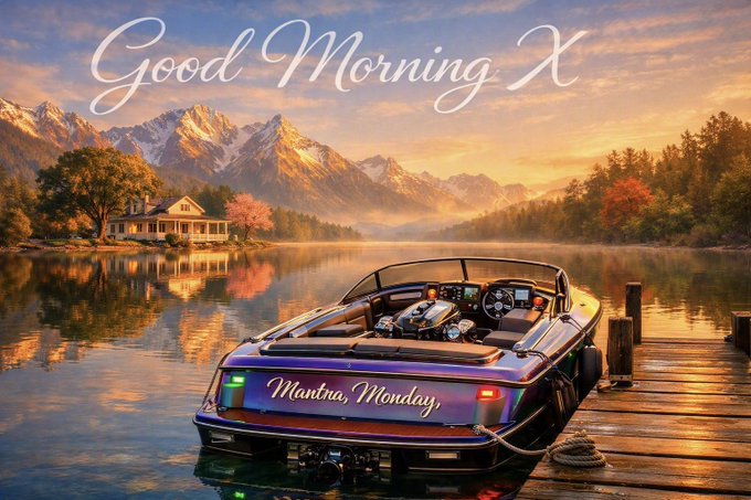A picturesque lakeside scene at sunrise featuring a purple speedboat labeled 'Mantra, Monday' docked at a pier, with snow-capped mountains, a small house, and autumn trees in the background, overlaid with the text 'Good Morning X'.
