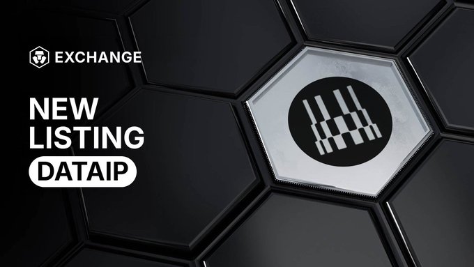 Crypto.com Exchange graphic announcing a new listing of Data Network ($DATAIP), featuring the token's logo on a black hexagonal background with the text "NEW LISTING DATAIP."