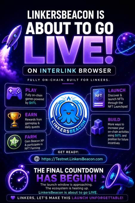 Promotional graphic for LinkersBeacon announcing its upcoming launch on Interlink Browser, featuring Play, Earn, Farm, Launch, and Build features with a LinkersBeacon octopus logo and the URL https://Testnet.LinkersBeacon.com.