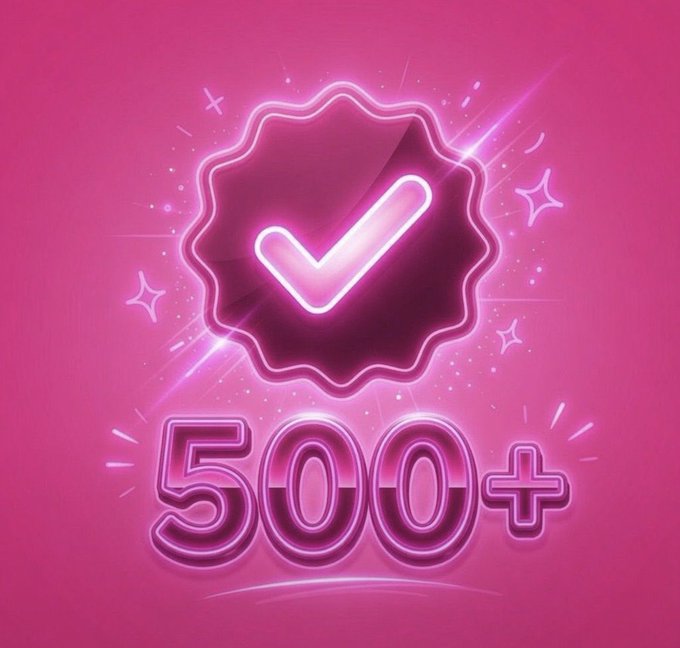 A digital graphic with a neon pink checkmark badge and the text '500+' below it on a bright pink background.