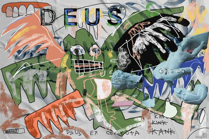 A colorful, chaotic mixed-media artwork featuring graffiti-style text reading 'DEUS', 'GREED', 'KINK', and 'DEUS EX CORNUTA', depicting abstract figures, teeth, and distorted body parts.