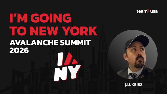 A promotional graphic with text 'I'M GOING TO NEW YORK AVALANCHE SUMMIT 2026' featuring 'I ❤️ NY' style logo, a 'team usa' logo, and a circular photo of a man in a cap, credited to @LUKE152.