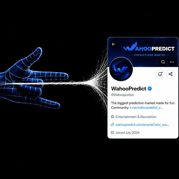 A promotional graphic featuring a blue wireframe hand on the left with spark-like lines extending to a Twitter/X profile card for @Wahoopredict, described as 'The biggest prediction market made for fun,' joined July 2024.