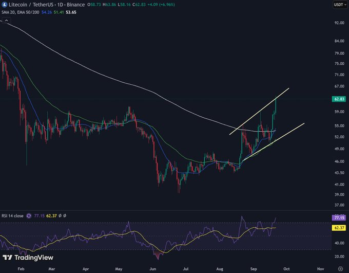 A TradingView daily chart of Litecoin (LTC/USDT) on Binance showing a price of $62.83 with +4.96% gain, featuring SMA 20, EMA 50/200 indicators and an RSI of 62.37, with an ascending channel pattern drawn.