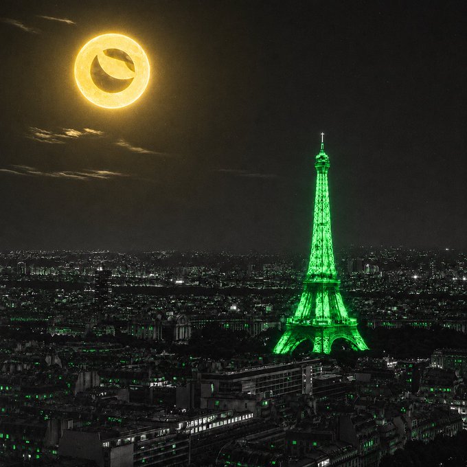 A nighttime cityscape of Paris featuring the Eiffel Tower illuminated in green, with a golden moon displaying a crescent shape in the sky above.