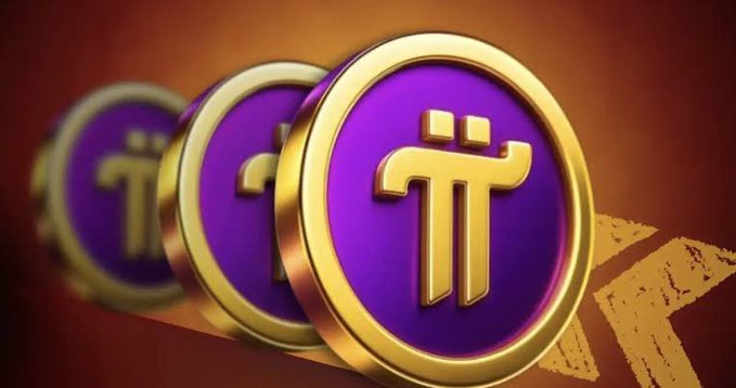3D rendering of three purple and gold cryptocurrency coins featuring the Pi Network logo, arranged in a row on a brown surface.