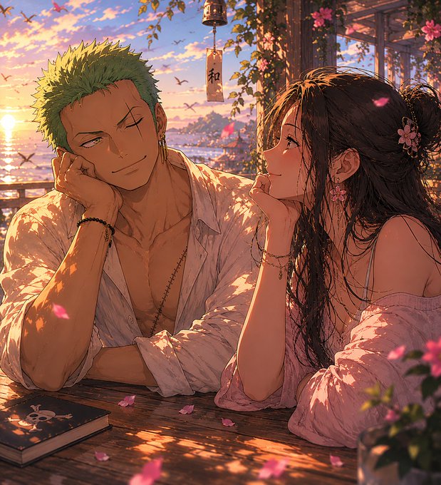 An anime-style illustration of Zoro and a woman with long black hair sharing a romantic moment at sunset by the seaside, with cherry blossoms scattered around them.