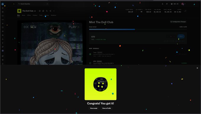 A dark-themed website screenshot showing a 'Mint The Doll Club' page with a 'Congrats! You got it!' message and a yellow button featuring a die icon.