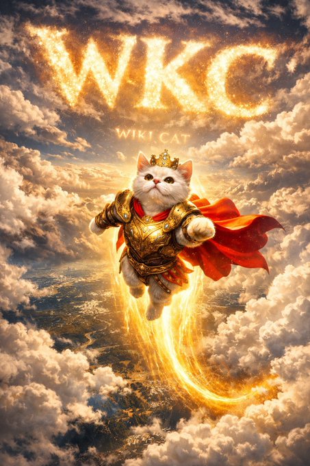 A white cat wearing golden armor and a crown soars through a cloudy sky, leaving a fiery trail, with the glowing text 'WKC' and 'WIKI CAT' displayed prominently above.