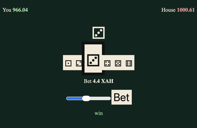A screenshot of a gambling game showing a 'You' balance of 966.04 versus a 'House' balance of 1000.61, featuring dice and a 'Bet 4.4 ХАН' button.