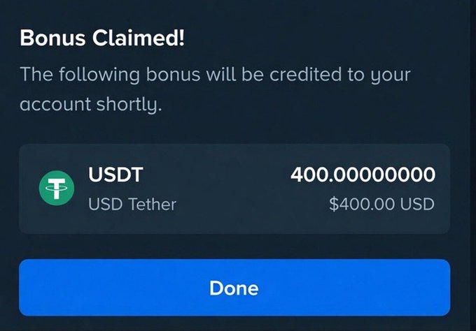The image shows a "Bonus Claimed!" confirmation screen displaying 400.00000000 USDT (USD Tether) valued at $400.00 USD, supporting the post's announcement of a $400 USDT giveaway where $50 will go to 4 winners and $20 to 10 winners.