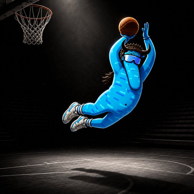 A stylized illustration of a blue character wearing sunglasses jumping in mid-air to dunk a basketball into a hoop against a dark background.
