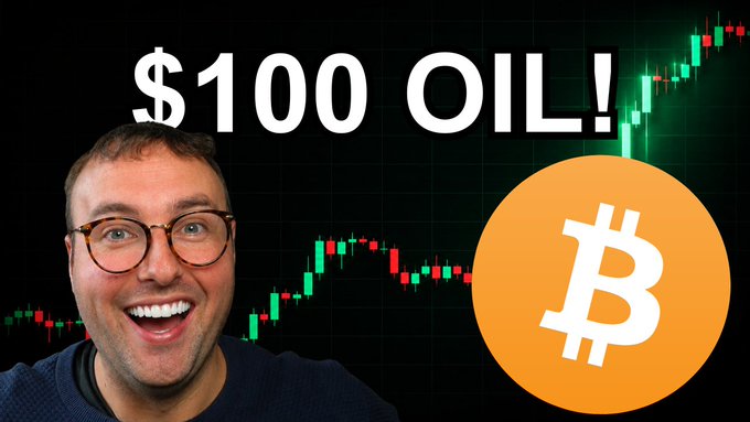 A YouTube thumbnail featuring a smiling man with glasses next to text reading '$100 OIL!' and a large Bitcoin logo, with a candlestick chart in the background.