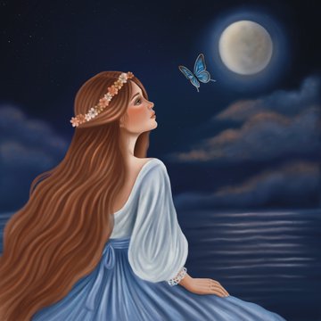 A digital illustration shows a woman with long brown hair and a floral crown, wearing a white and blue dress, gazing at a moon and blue butterfly over water at night.