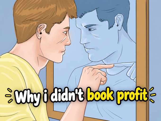 A meme showing a person pointing angrily at their blue reflection in a mirror, with the text 'Why i didn't book profit'.