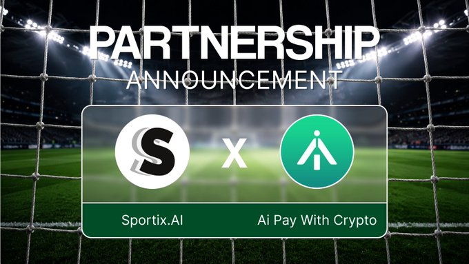 A partnership announcement graphic featuring Sportix.AI and Ai Pay With Crypto logos set against a soccer stadium backdrop.