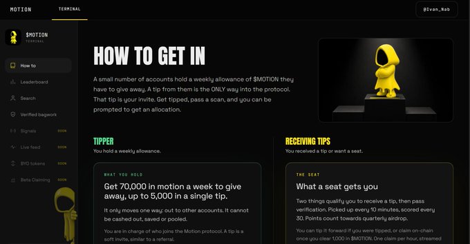 A screenshot of the $MOTION Terminal website displaying a 'HOW TO GET IN' guide that explains users can earn weekly allowances by receiving a tip (SEAT), with sections for 'TIPPER' and 'RECEIVING TIPS'.