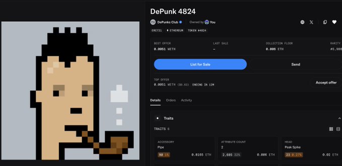 An OpenSea listing for 'DePunk 4824' showing a pixel art character smoking a pipe with traits including Pipe accessory (98.16% have it) and Peak Spike head (23.62% have it).