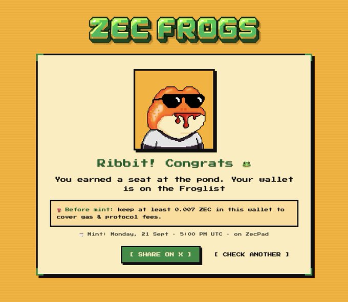 A pixel art graphic for 'ZEC FROGS' shows a frog character wearing sunglasses with text reading 'Ribbit! Congrats', 'You earned a seat at the pond. Your wallet is on the Froglist', and mint instructions.