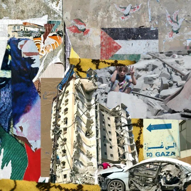 A collage artwork depicting scenes of destruction and conflict, including a Palestinian flag, a bombed building, a destroyed car, a child making a peace sign amid debris, and a 'TO GAZA' sign with Arabic text.
